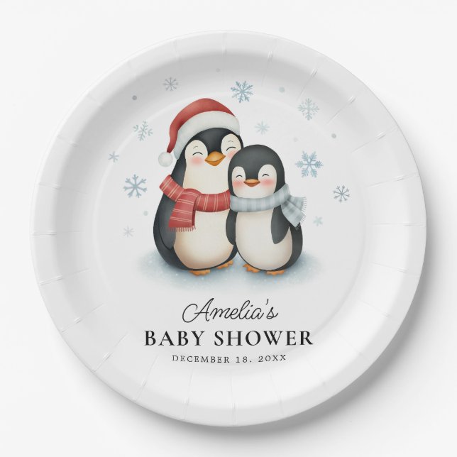 Cute Winter Penguin Family Christmas Baby Shower Paper Plates (Front)