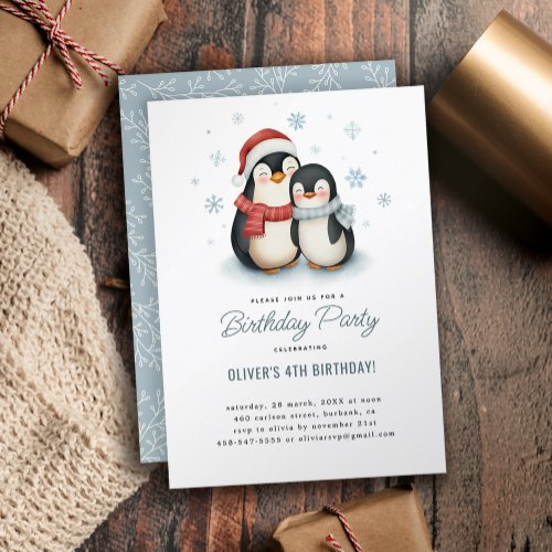 Cute Winter Penguin Family Kids Birthday Invitation