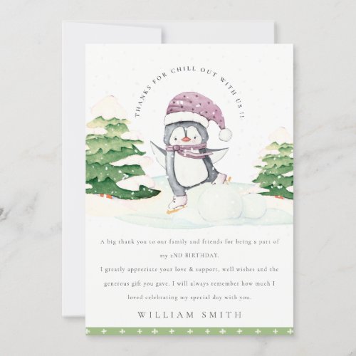 Cute Winter Penguin Green Kids Any Age Birthday Thank You Card