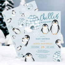 Cute winter penguin igloos snow baby shower invitation