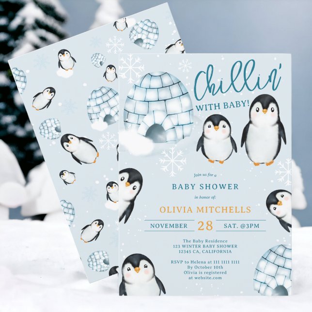 Cute winter penguin igloos snow baby shower invitation (Cute winter penguin igloos winter baby shower invitation)