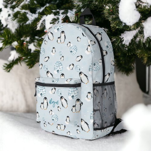 Cute winter penguin igloos snow illustration printed backpack