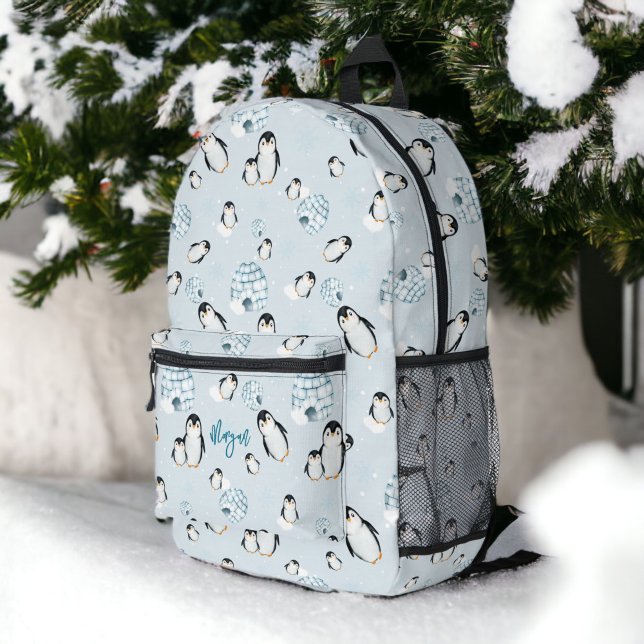 Cute winter penguin igloos snow illustration printed backpack (Cute winter penguin igloos snow illustration printed backpack)