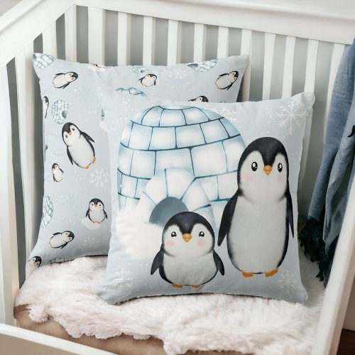 Cute winter penguin igloos snow illustration throw pillow