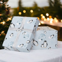 Cute winter penguin igloos snow illustration wrapping paper
