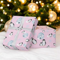 Cute winter penguin igloos snow illustration wrapping paper