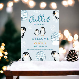 Cute winter penguin igloos welcome baby shower poster
