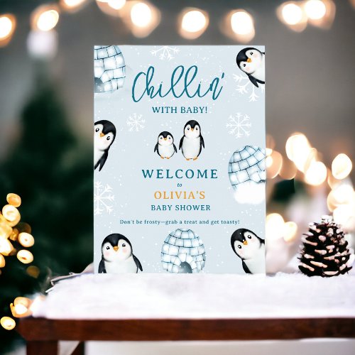 Cute winter penguin igloos welcome baby shower poster