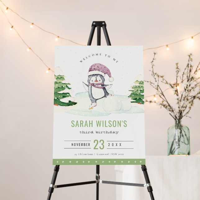 Cute Winter Penguin Kids Any Age Birthday Welcome Foam Board (In Situ (Stand))