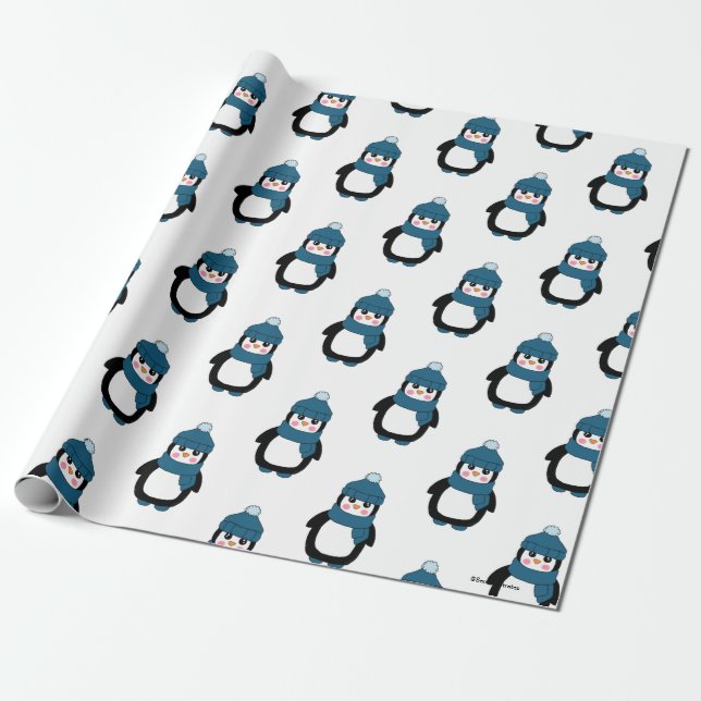 Cute Winter Penguin Pattern Wrapping Paper (Unrolled)