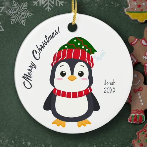 Cute Winter Penguin Personalized Kids Christmas Ceramic Ornament