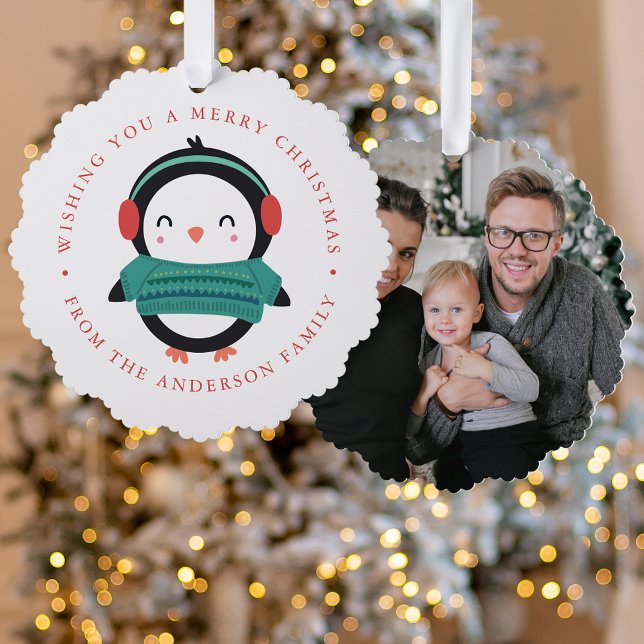 Cute Winter Penguin Photo Holiday Ornament Card (Creator Uploaded)