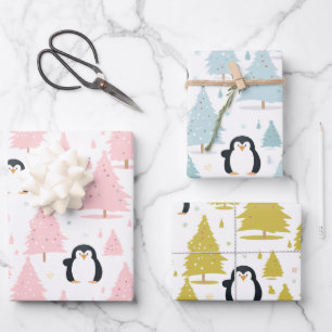 Cute Winter Penguin Pink Christmas Wrapping Paper Sheets