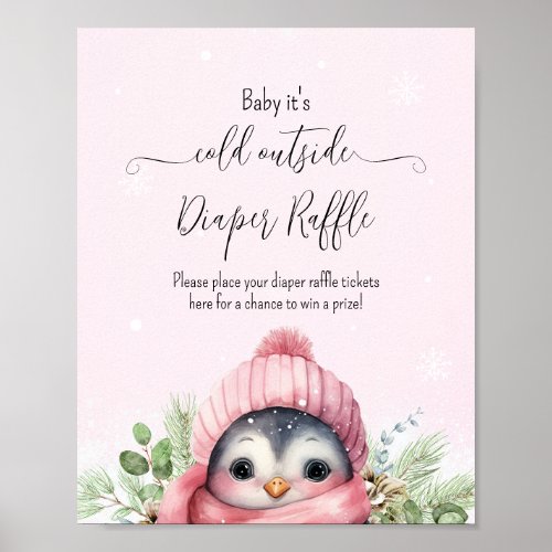 Cute Winter Penguin Pink Girl Baby Shower Sign