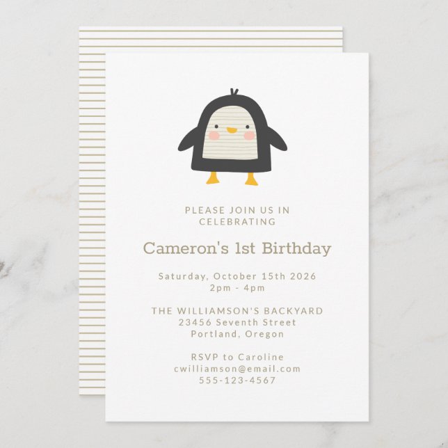 Cute Winter Penguin Simple 1st Birthday Invitation (Front/Back)