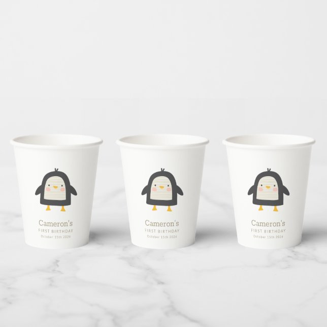 Cute Winter Penguin Simple 1st Birthday Paper Cups (Multi)
