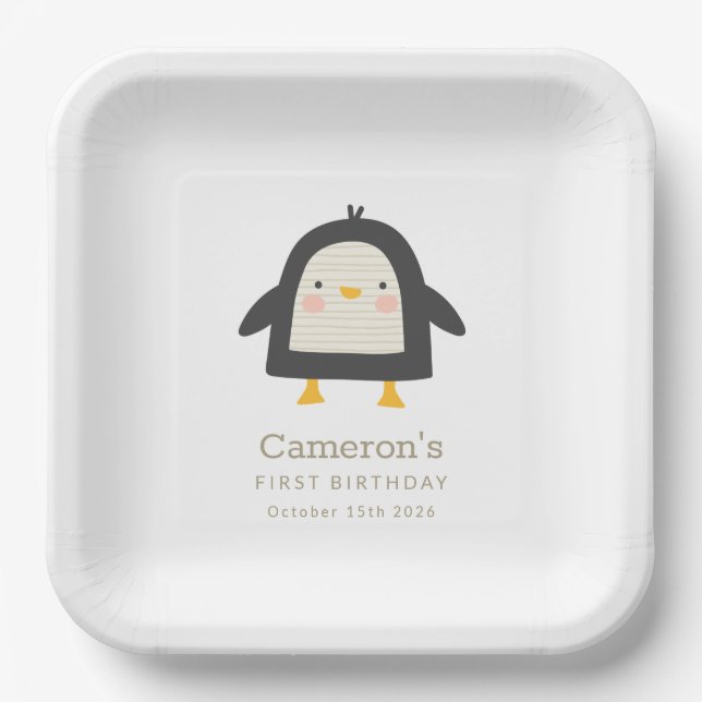 Cute Winter Penguin Simple 1st Birthday Paper Plates (Front)