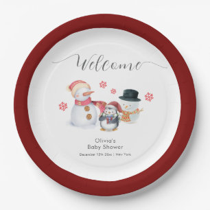 Cute Winter Penguin Snowman Baby Shower Welcome Paper Plates