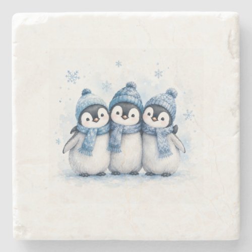 Cute Winter Penguin Trio Can Cooler | Adorable Blu Stone Coaster