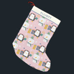 Cute Winter Penguins and Snowman Pink Personalized Small Christmas Stocking<br><div class="desc">Fun kawaii style winter pattern with cute penguins and snowmen in pink,  personalized with your name.</div>