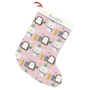 Cute Winter Penguins and Snowman Pink Personalized Small Christmas Stocking