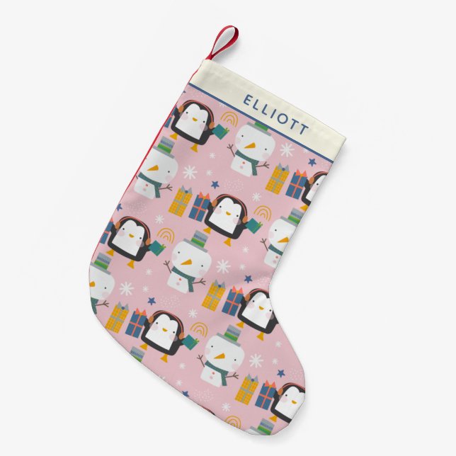 Cute Winter Penguins and Snowman Pink Personalized Small Christmas Stocking (Front (Hanging))