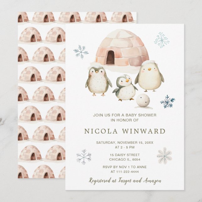 Cute Winter Penguins Baby Shower Invitation (Front/Back)
