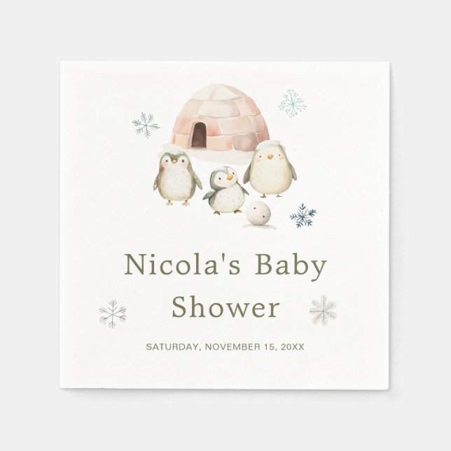 Cute Winter Penguins Baby Shower Napkins (Front)