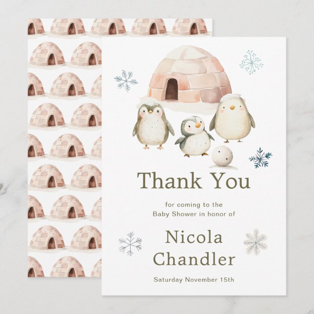 Cute Winter Penguins Baby Shower  Thank You Card (Front/Back)