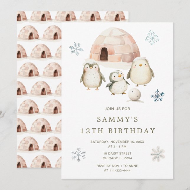 Cute Winter Penguins Birthday Party Invitation (Front/Back)