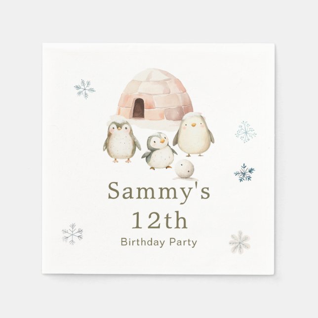 Cute Winter Penguins Birthday Party Napkins (Front)
