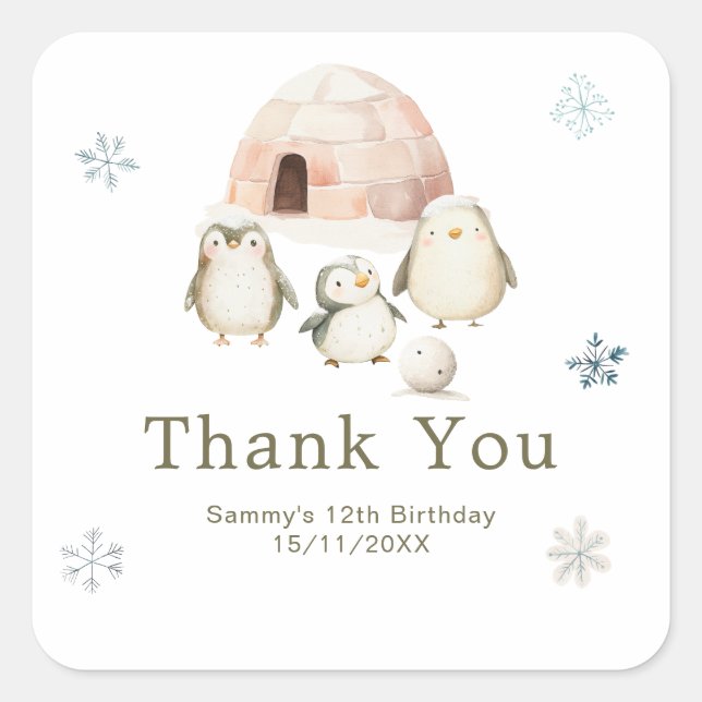 Cute Winter Penguins Birthday Party Square Sticker (Front)
