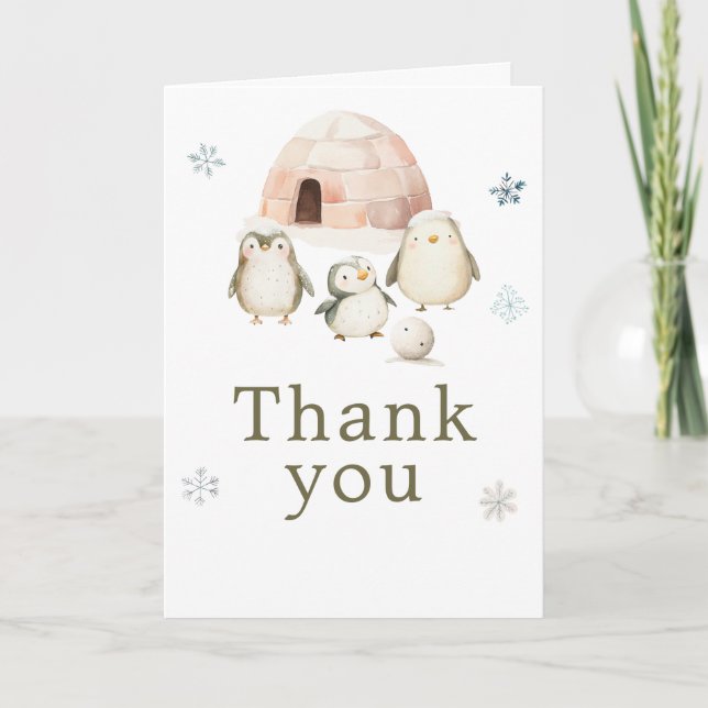 Cute Winter Penguins Birthday Party Thank You Card (Front)