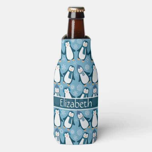 Cute Winter Penguins Design Add Name Bottle Cooler