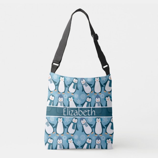 Cute Winter Penguins Design Add Name Crossbody Bag (Front)
