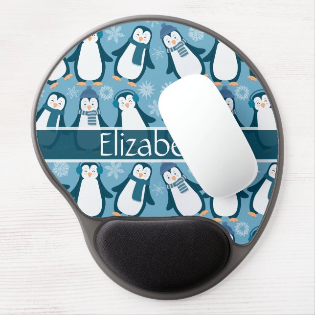 Cute Winter Penguins Design Add Name Gel Mouse Pad (Left Side)