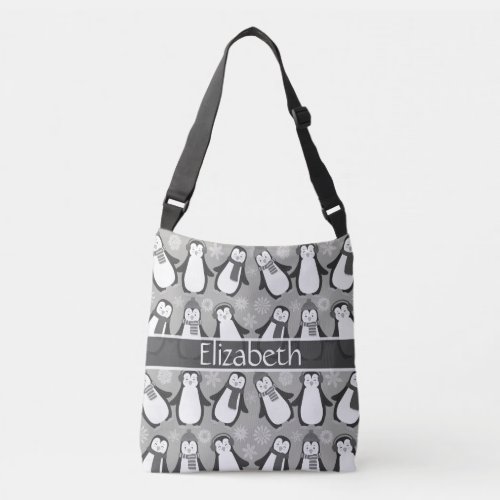 Cute Winter Penguins Design Add Name  Gray Crossbody Bag