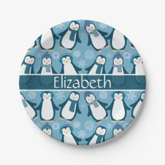 Cute Winter Penguins Design Add Name Paper Plates