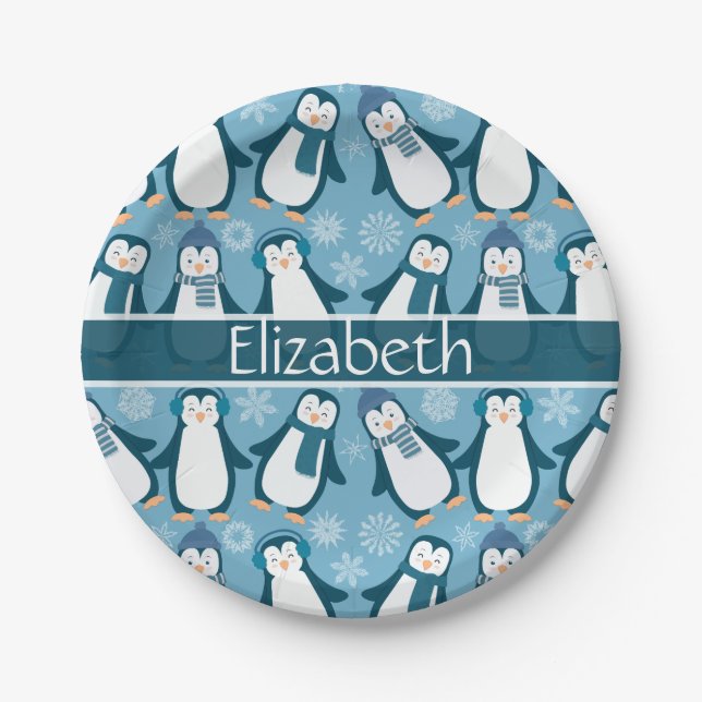 Cute Winter Penguins Design Add Name Paper Plates (Front)