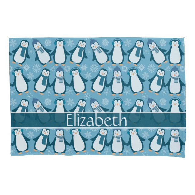 Cute Winter Penguins Design Add Name Pillowcase (Front)