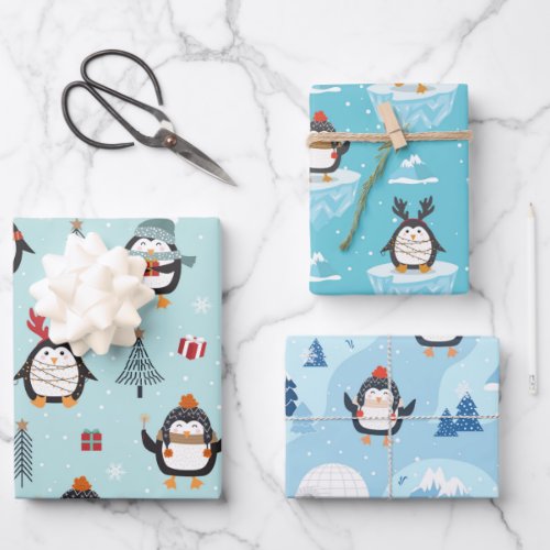 Cute Winter Penguins in Three Patterns Wrapping Paper Sheets