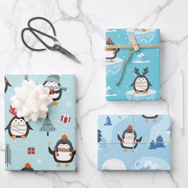 Cute Winter Penguins in Three Patterns Wrapping Paper Sheets (Front)
