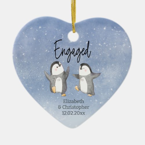Cute Winter Penguins Monogrammed Engaged Ceramic Ornament