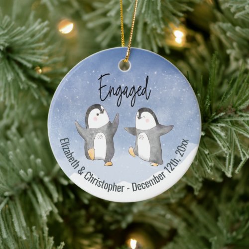 Cute Winter Penguins Monogrammed Engaged Ceramic Ornament