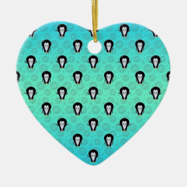 Cute Winter Penguins over Teal and Mint Green Ceramic Ornament (Front)