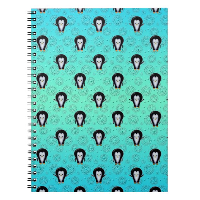 Cute Winter Penguins over Teal and Mint Green Notebook (Front)