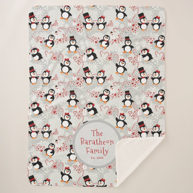 Cute Winter Penguins Personalized Family Name Sherpa Blanket (Front)