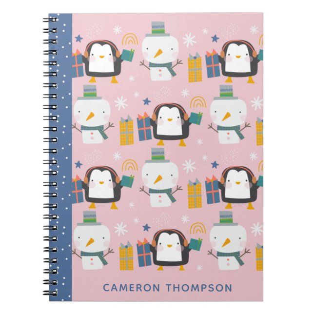 Cute Winter Penguins Snowman Pink Personalized Notebook (Front)