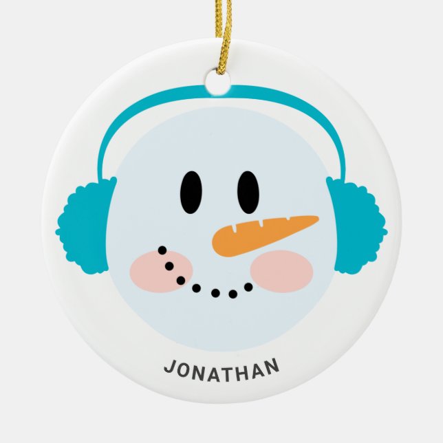   Cute Winter Personalized Snowman Face Christmas  Ceramic Ornament (Front)
