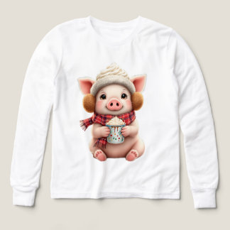 Cute Winter Pig With Hot Cocoa Illustration T-Shir Tri-Blend Shirts